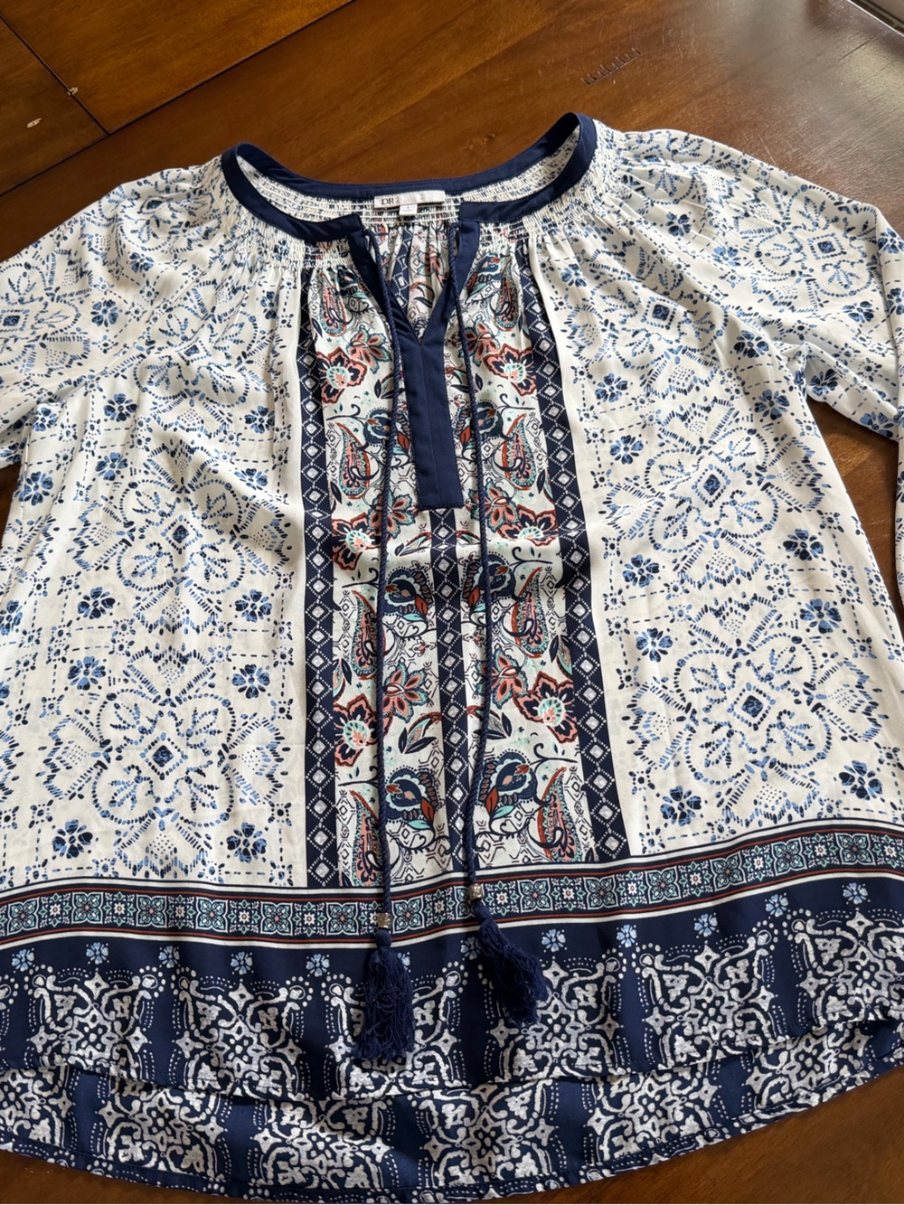 DR2 White & Navy Printed Peasant Tunic